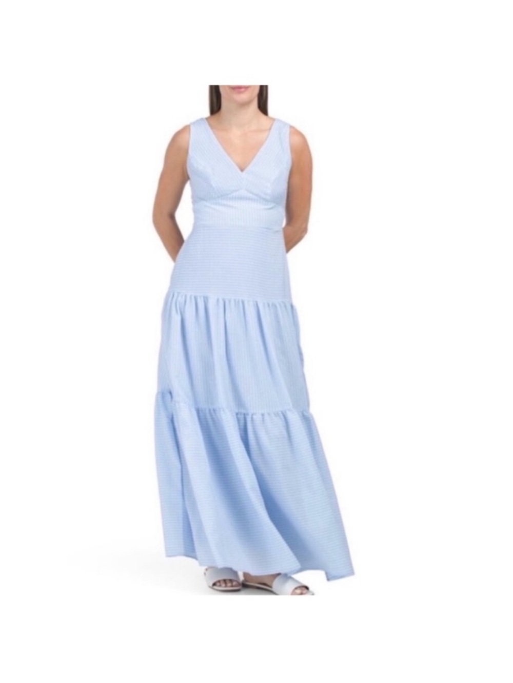 Taylor Light Blue Tiered V-Neck Maxi Dress